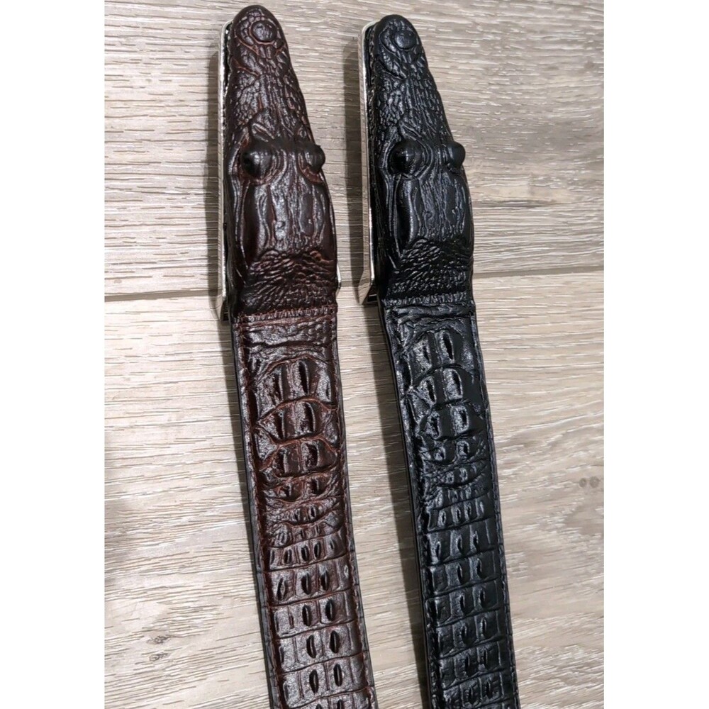 LOT/2 MEN'S LEATHER CROCODILE BELTS W/SILVER TONE BUCKLE BLACK AND COFFEE NWOT